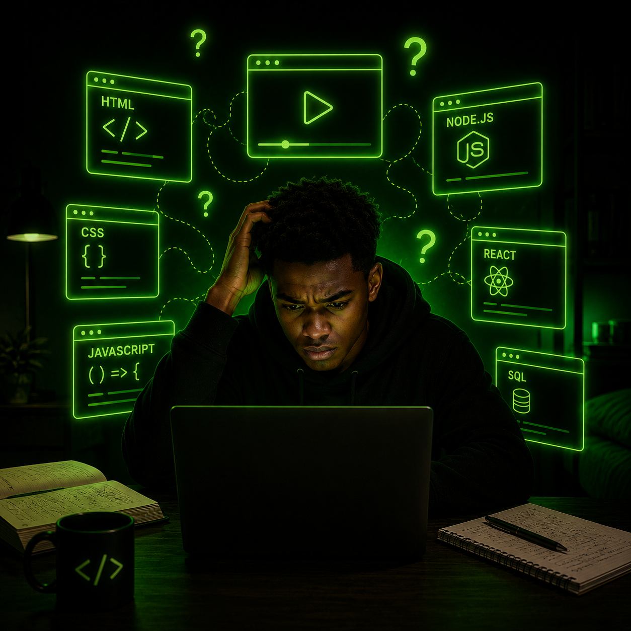 Pessoa confusa a estudar programação